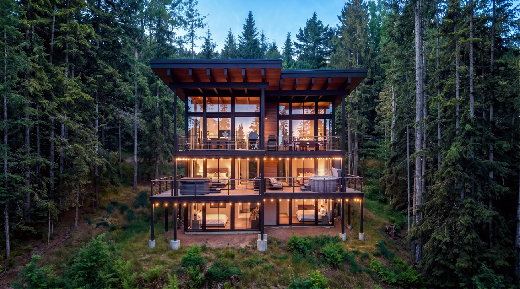 The Mountainside House at dusk in the forest