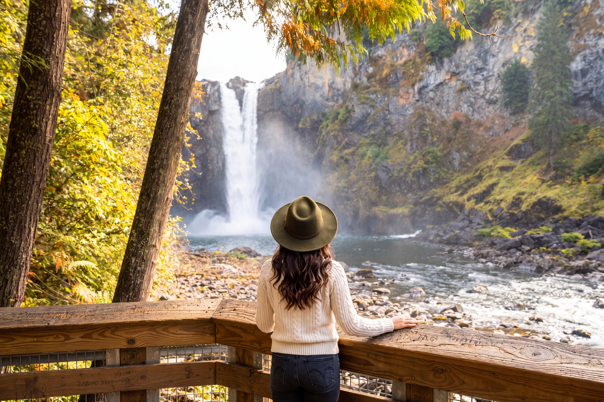 Visitor at the Snoqualmie Falls viewpoint with autumn foliage