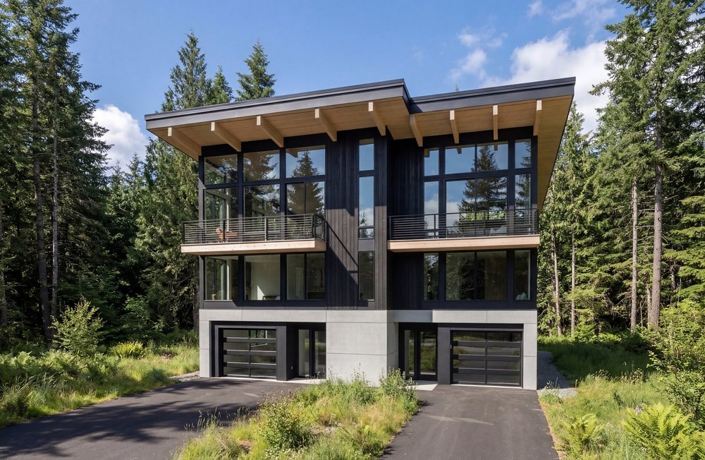 Custom mountain modern home designed by Terralite Design, a Snoqualmie Pass architect, set against Cascade peaks